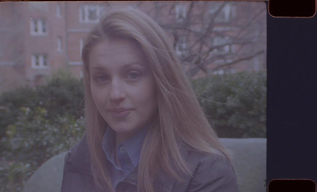 Full 16mm frame of Jennie in the Adams House courtyard from Camera Noise